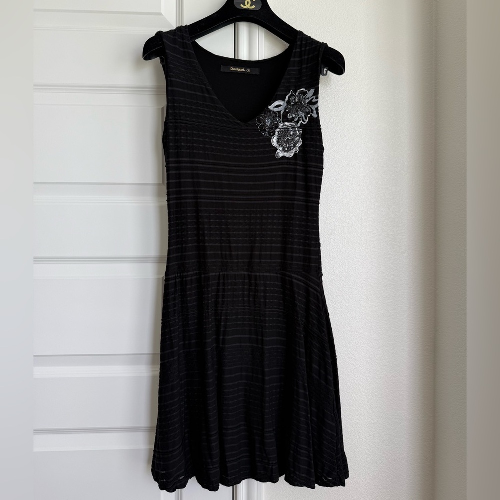Desigual Black Sleeveless Floral Appliqué Dress - Size S